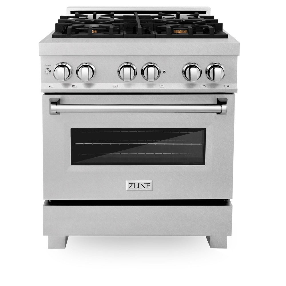 ZLINE 30 in. 4.0 cu. ft. Legacy Dual Fuel Range with Gas Cooktop and Electric Convection Oven in DuraSnow® Stainless Steel with 4 Brass Burners (RAS-SN-BR-30) front, oven closed.