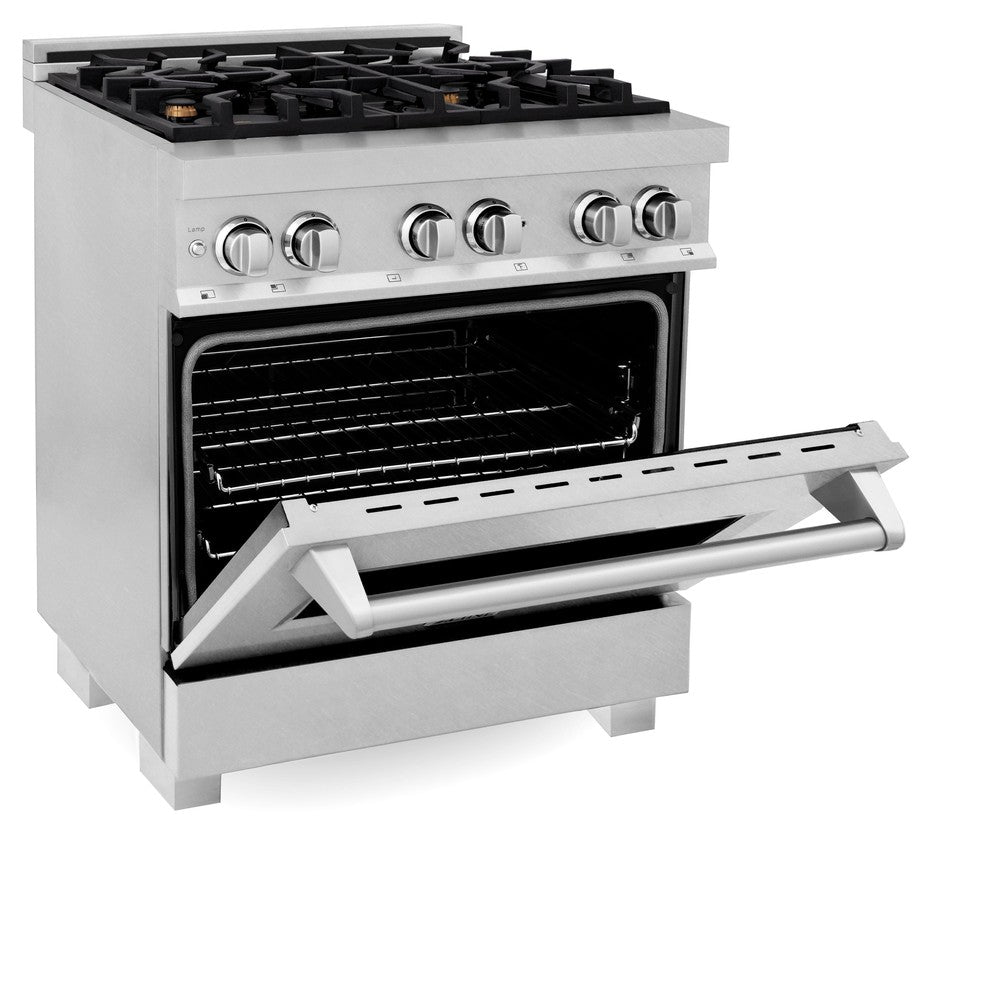 ZLINE 30 in. 4.0 cu. ft. Legacy Dual Fuel Range with Gas Cooktop and Electric Convection Oven in DuraSnow® Stainless Steel with 4 Brass Burners (RAS-SN-BR-30) side, oven half open.