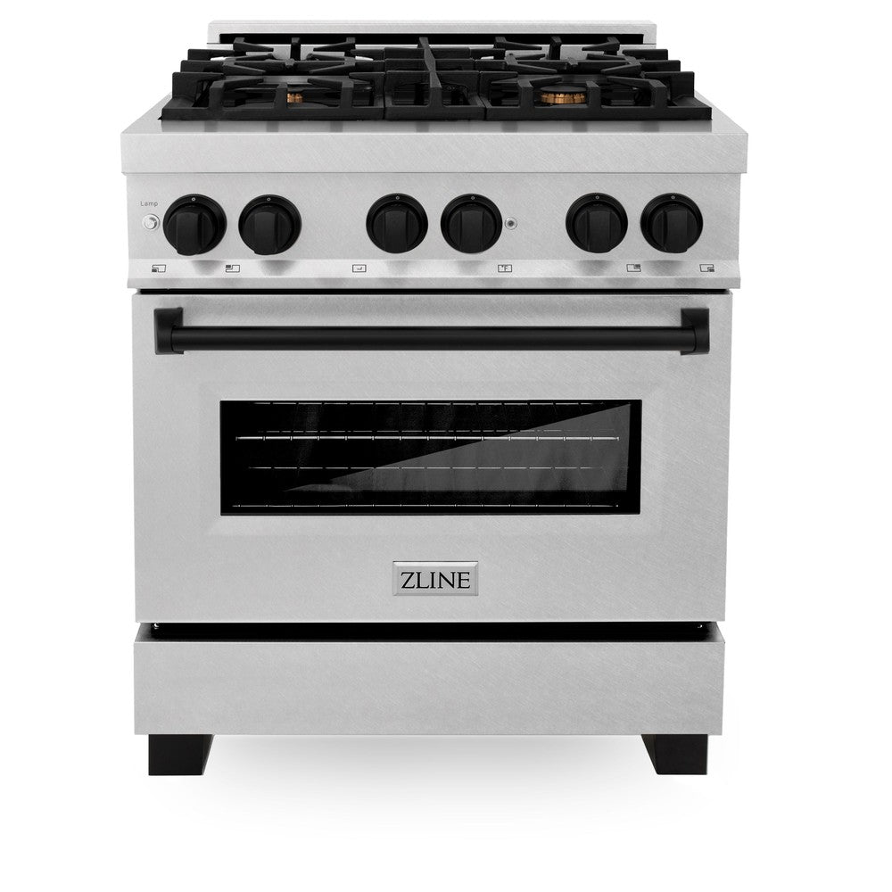 ZLINE Autograph Edition 30 in. 4.0 cu. ft. Legacy Dual Fuel Range with 4 Burner Gas Cooktop and Electric Convection Oven in DuraSnow® Stainless Steel and Matte Black Accents (RASZ-SN-30-MB) front, oven closed.