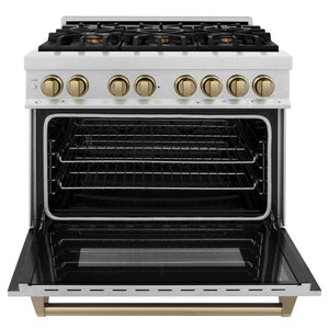 ZLINE Autograph Edition 36 in. 4.6 cu. ft. Dual Fuel Range with Gas Stove and Electric Oven in DuraSnow® Stainless Steel with Champagne Bronze Accents (RASZ-SN-36-CB) front, oven door open.