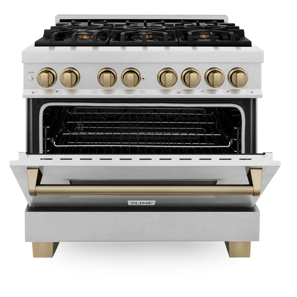 ZLINE Autograph Edition 36 in. 4.6 cu. ft. Legacy Dual Fuel Range with 6 Burner Gas Cooktop and Electric Convection Oven in DuraSnow® Stainless Steel and Champagne Bronze Accents (RASZ-SN-36-CB) front, oven half open.