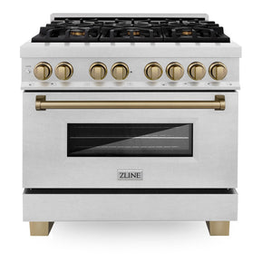 ZLINE Autograph Edition 36 in. 4.6 cu. ft. Legacy Dual Fuel Range with 6 Burner Gas Cooktop and Electric Convection Oven in DuraSnow® Stainless Steel and Champagne Bronze Accents (RASZ-SN-36-CB) front, oven closed.