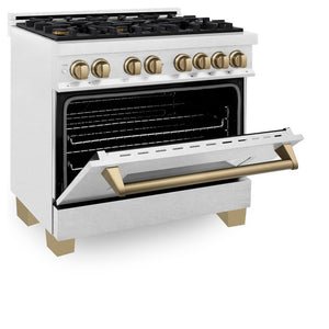 ZLINE Autograph Edition 36 in. 4.6 cu. ft. Legacy Dual Fuel Range with 6 Burner Gas Cooktop and Electric Convection Oven in DuraSnow® Stainless Steel and Champagne Bronze Accents (RASZ-SN-36-CB) side, oven half open.