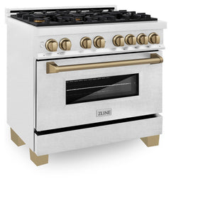 ZLINE Autograph Edition 36 in. 4.6 cu. ft. Legacy Dual Fuel Range with 6 Burner Gas Cooktop and Electric Convection Oven in DuraSnow® Stainless Steel and Champagne Bronze Accents (RASZ-SN-36-CB) side, oven closed.