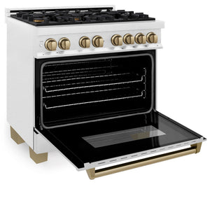 ZLINE Autograph Edition 36 in. 4.6 cu. ft. Legacy Dual Fuel Range with 6 Burner Gas Cooktop and Electric Convection Oven in DuraSnow® Stainless Steel and Champagne Bronze Accents (RASZ-SN-36-CB) side, oven open.