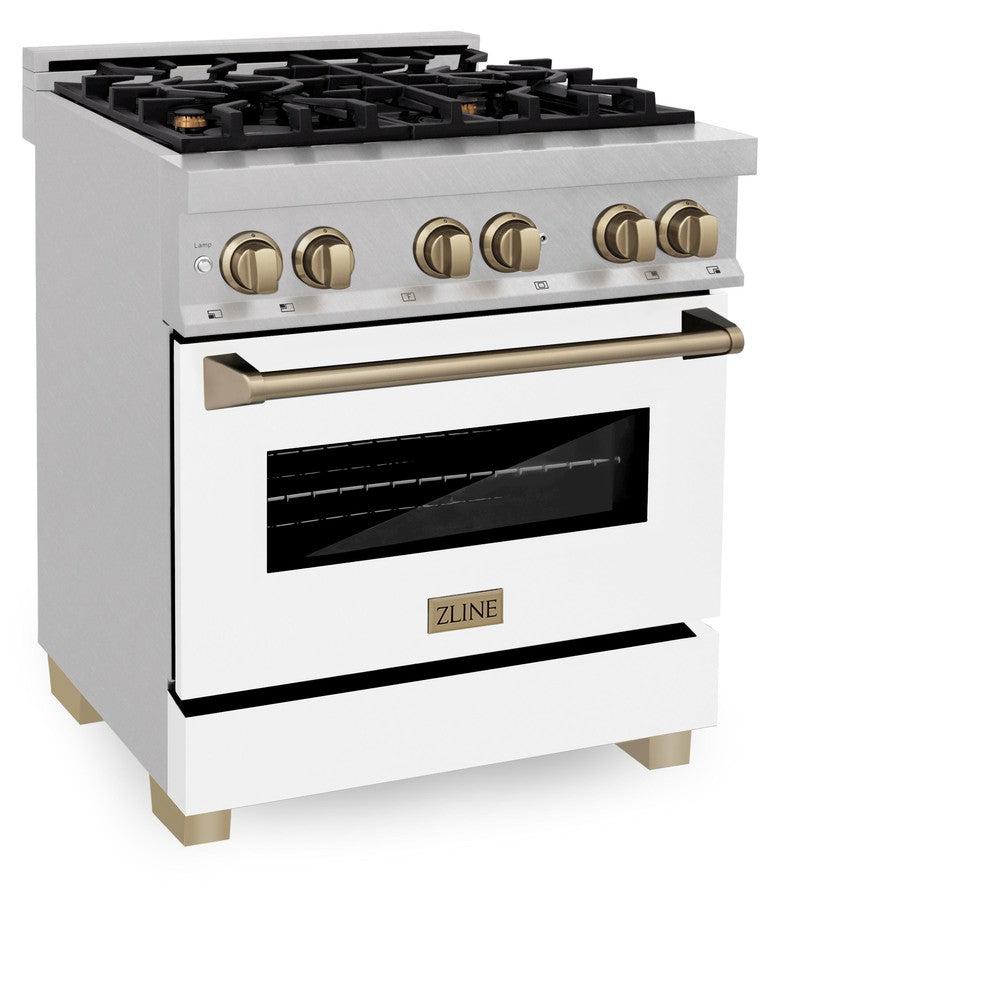 ZLINE Autograph Edition 30 in. 4.0 cu. ft. Legacy Dual Fuel Range with 4 Burner Gas Cooktop and Electric Convection Oven in DuraSnow® Stainless Steel with White Matte Door and Champagne Bronze Accents (RASZ-WM-30-CB) side, oven closed.