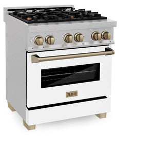 ZLINE Autograph Edition 30 in. 4.0 cu. ft. Legacy Dual Fuel Range with 4 Burner Gas Cooktop and Electric Convection Oven in DuraSnow® Stainless Steel with White Matte Door and Champagne Bronze Accents (RASZ-WM-30-CB) side, oven closed.