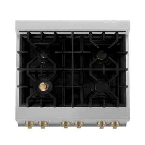 ZLINE Autograph Edition 30 in. 4.0 cu. ft. Legacy Dual Fuel Range with 4 Burner Gas Cooktop and Electric Convection Oven in DuraSnow® Stainless Steel with White Matte Door and Champagne Bronze Accents (RASZ-WM-30-CB) top-view, above cooktop.