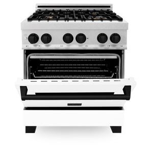 ZLINE Autograph Edition 30 in. 4.0 cu. ft. Legacy Dual Fuel Range with 4 Burner Gas Cooktop and Electric Convection Oven in DuraSnow® Stainless Steel with White Matte Door and Matte Black Accents (RASZ-WM-30-MB) front, oven half open.