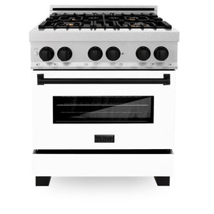 ZLINE Autograph Edition 30 in. 4.0 cu. ft. Legacy Dual Fuel Range with 4 Burner Gas Cooktop and Electric Convection Oven in DuraSnow® Stainless Steel with White Matte Door and Matte Black Accents (RASZ-WM-30-MB) front, oven closed.