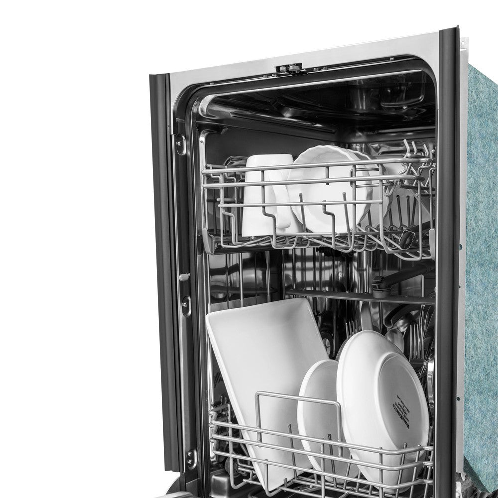 ZLINE 18 in. Compact Panel Ready Top Control Dishwasher with Stainless Steel Tub, 54dBa (DW7714-18) front, open with dishes loaded inside.