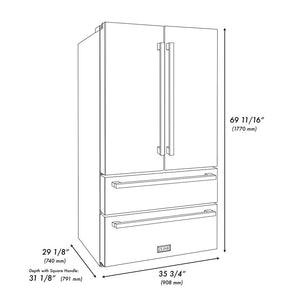 ZLINE Autograph Edition 36 in. 22.5 cu. ft. Counter-Depth French Door Refrigerator with Ice Maker in Fingerprint-Resistant Black Stainless Steel and Champagne Bronze Modern Handles (RFMZ-36-BS-FCB) dimensional diagram.