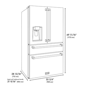 ZLINE 36 in. 21.6 cu. ft Freestanding French Door Fingerprint Resistant Refrigerator with External Water and Ice Dispenser in Black Stainless Steel (RFM-W-36-BS) dimensional diagram with measurements.