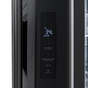 ZLINE 36 in. 28.9 cu. ft. Standard-Depth French Door External Water Dispenser Refrigerator with Dual Ice Maker in Black Stainless Steel (RSM-W-36-BS) close up, Digital LED Display and Temperature Control.