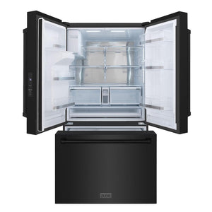 ZLINE 36 in. 28.9 cu. ft. Standard-Depth French Door External Water Dispenser Refrigerator with Dual Ice Maker in Black Stainless Steel (RSM-W-36-BS) front, refrigeration compartment and bottom freezer drawer open.