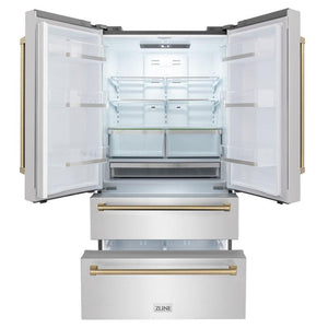 ZLINE 36 in. Freestanding French Door Refrigerator with Ice Maker in Fingerprint Resistant Stainless Steel (RFM-36) front, refrigeration compartment and bottom freezer drawers open.