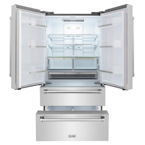 ZLINE 36 in. Freestanding French Door Refrigerator with Ice Maker in Fingerprint Resistant Stainless Steel (RFM-36) front, refrigeration compartment and bottom freezer drawers open.