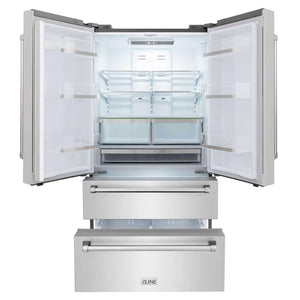 ZLINE 36 in. Freestanding French Door Refrigerator with Ice Maker in Fingerprint Resistant Stainless Steel (RFM-36) front, refrigeration compartment and bottom freezer drawers open.