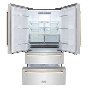 ZLINE Autograph Edition 36 in. 22.5 cu. ft Freestanding French Door Refrigerator with Ice Maker in Fingerprint Resistant Stainless Steel with Polished Gold Accents (RFMZ-36-G) front, doors and bottom freezer drawers open.