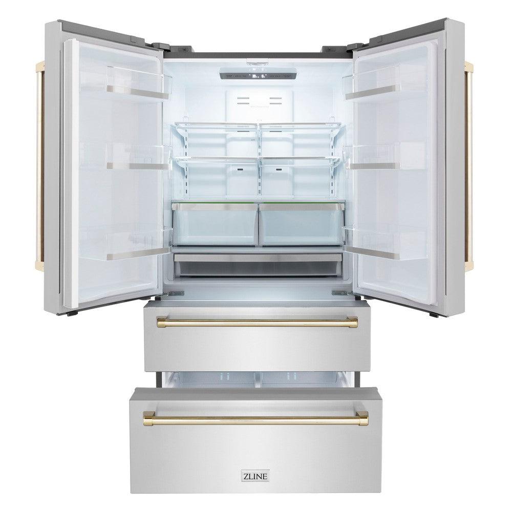 ZLINE Autograph Edition 36 in. 22.5 cu. ft Freestanding French Door Refrigerator with Ice Maker in Fingerprint Resistant Stainless Steel with Polished Gold Accents (RFMZ-36-G) front, refrigeration compartment and bottom freezer drawers open.