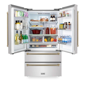 ZLINE 36 in. Freestanding French Door Refrigerator with Ice Maker in Fingerprint Resistant Stainless Steel (RFM-36) front, open, food on adjustable shelving.