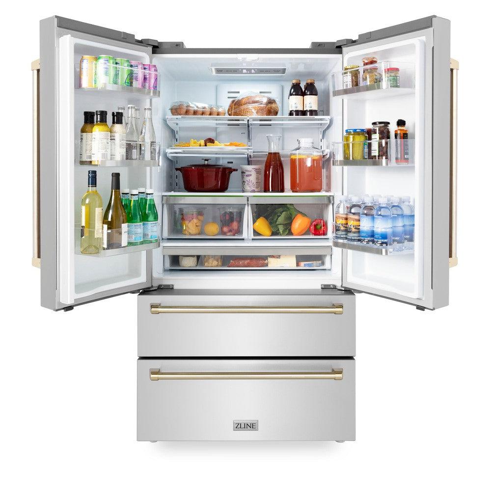 ZLINE Autograph Edition 36 in. 22.5 cu. ft Freestanding French Door Refrigerator with Ice Maker in Fingerprint Resistant Stainless Steel with Polished Gold Accents (RFMZ-36-G) front, open, food on adjustable shelving.