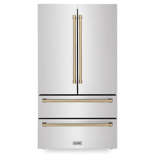 ZLINE Autograph Edition 36 in. 22.5 cu. ft Freestanding French Door Refrigerator with Ice Maker in Fingerprint Resistant Stainless Steel with Champagne Bronze Accents (RFMZ-36-CB) front, closed.