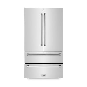 ZLINE 36 in. Freestanding French Door Refrigerator with Ice Maker in Fingerprint Resistant Stainless Steel (RFM-36) front, closed.