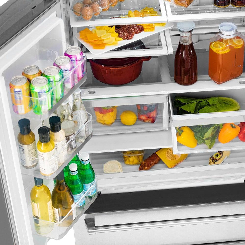 Food and beverages on adjustable shelving from above inside ZLINE 36 in. Freestanding French Door Refrigerator with Ice Maker in Fingerprint Resistant Stainless Steel (RFM-36)