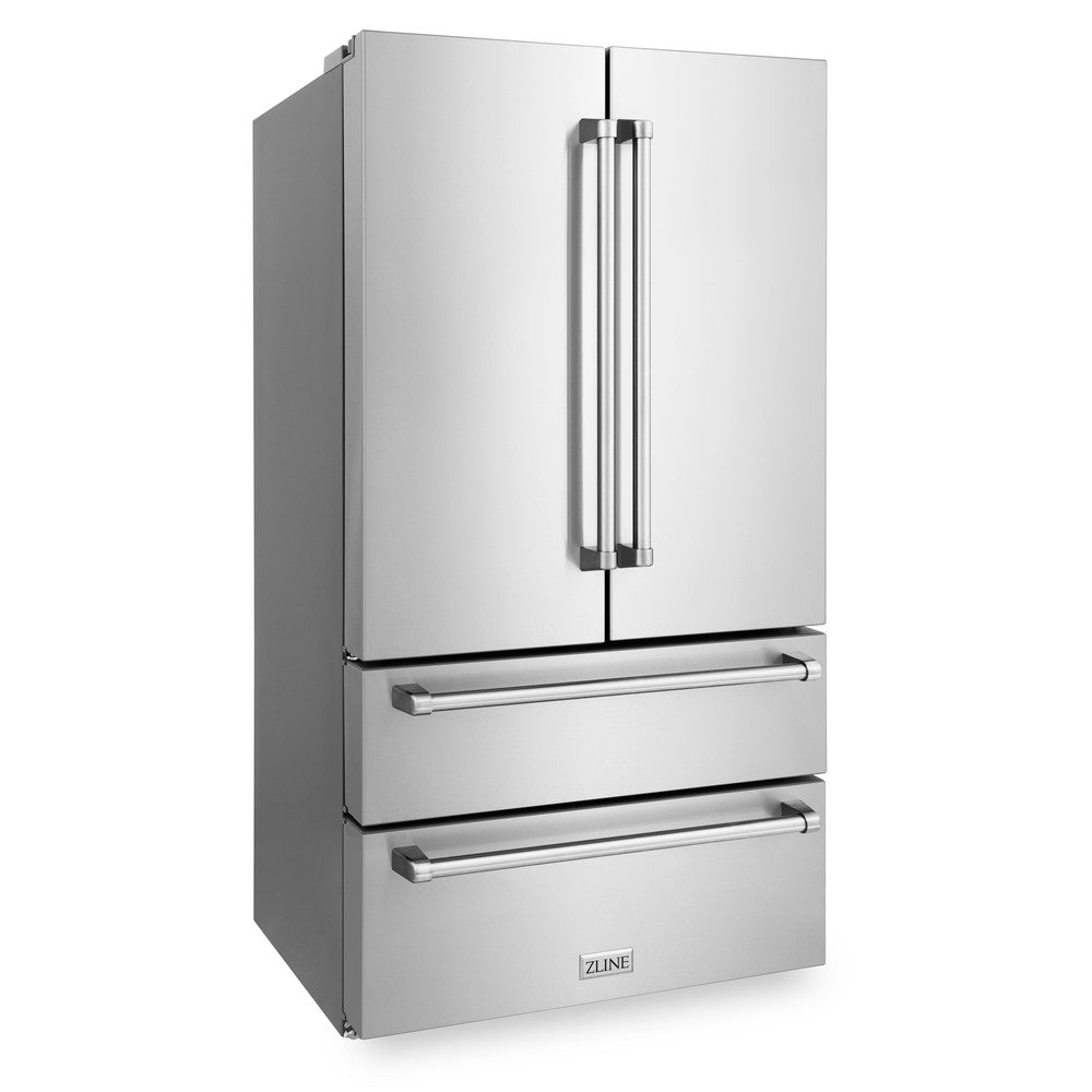 ZLINE 36 in. Freestanding French Door Refrigerator with Ice Maker in Fingerprint Resistant Stainless Steel (RFM-36) side, closed.