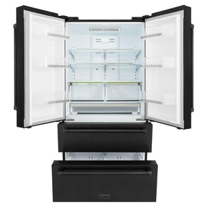 ZLINE 36 in. Freestanding French Door Refrigerator with Ice Maker in Black Stainless Steel (RFM-36-BS) front, refrigeration compartment and bottom freezer drawers open.