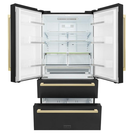 ZLINE Autograph Edition 36 in. 22.5 cu. ft 4-Door French Door Refrigerator with Ice Maker in Black Stainless Steel with Champagne Bronze Square Handles (RFMZ-36-BS-FCB) front, doors and bottom freezer drawers open.