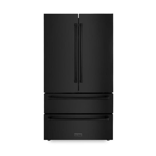 ZLINE 36 in. 22.5 cu. ft. Counter-Depth French Door Refrigerator with Ice Maker in Fingerprint-Resistant Black Stainless Steel (RFM-36-BS) front, closed.