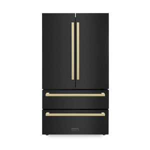 ZLINE Autograph Edition 36 in. 22.5 cu. ft. Counter-Depth French Door Refrigerator with Ice Maker in Fingerprint-Resistant Black Stainless Steel and Champagne Bronze Modern Handles (RFMZ-36-BS-FCB) front, closed.