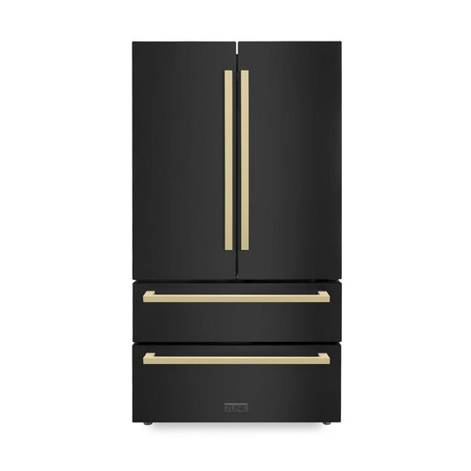 ZLINE Autograph Edition 36 in. 22.5 cu. ft. Counter-Depth French Door Refrigerator with Ice Maker in Fingerprint-Resistant Black Stainless Steel and Champagne Bronze Modern Handles (RFMZ-36-BS-FCB) front, closed.
