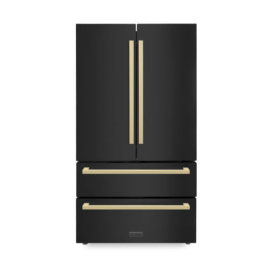 ZLINE Autograph Edition 36 in. 22.5 cu. ft 4-Door French Door Refrigerator with Ice Maker in Black Stainless Steel with Champagne Bronze Square Handles (RFMZ-36-BS-FCB) front.