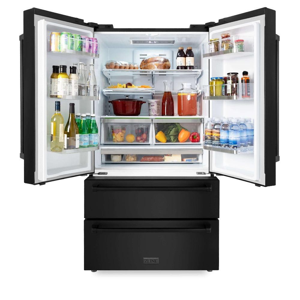 ZLINE 36 in. Freestanding French Door Refrigerator with Ice Maker in Black Stainless Steel (RFM-36-BS) front, open with food on adjustable shelving.