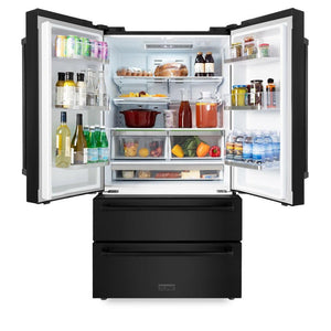 ZLINE Kitchen Package with Black Stainless Steel Refrigerator, 36 in. Dual Fuel Range, 36 in. Range Hood, Microwave Drawer, and 24 in. Tall Tub Dishwasher (5KPR-RABRH36-MWDWV) front, open.