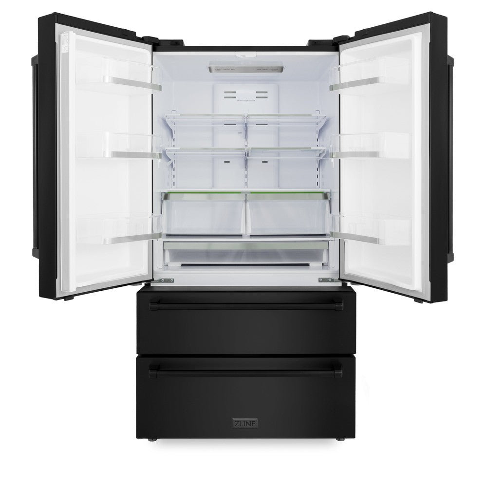 ZLINE 36 in. Freestanding French Door Refrigerator with Ice Maker in Black Stainless Steel (RFM-36-BS) front, doors open.