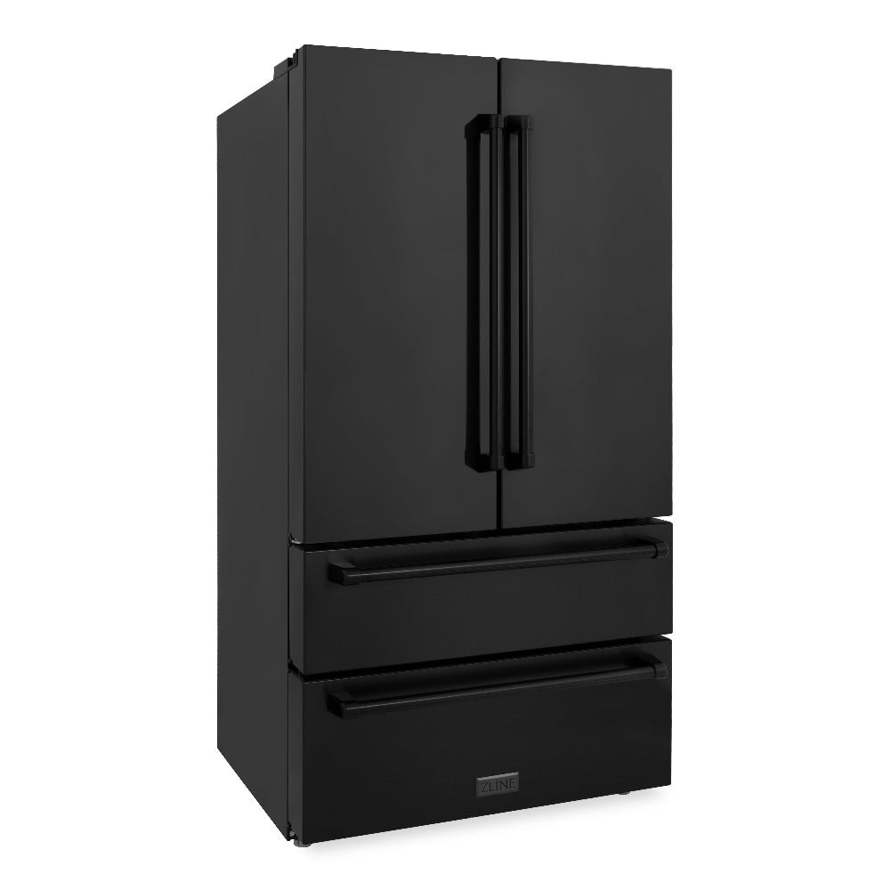 ZLINE 36 in. Freestanding French Door Refrigerator with Ice Maker in Black Stainless Steel (RFM-36-BS) side, closed.