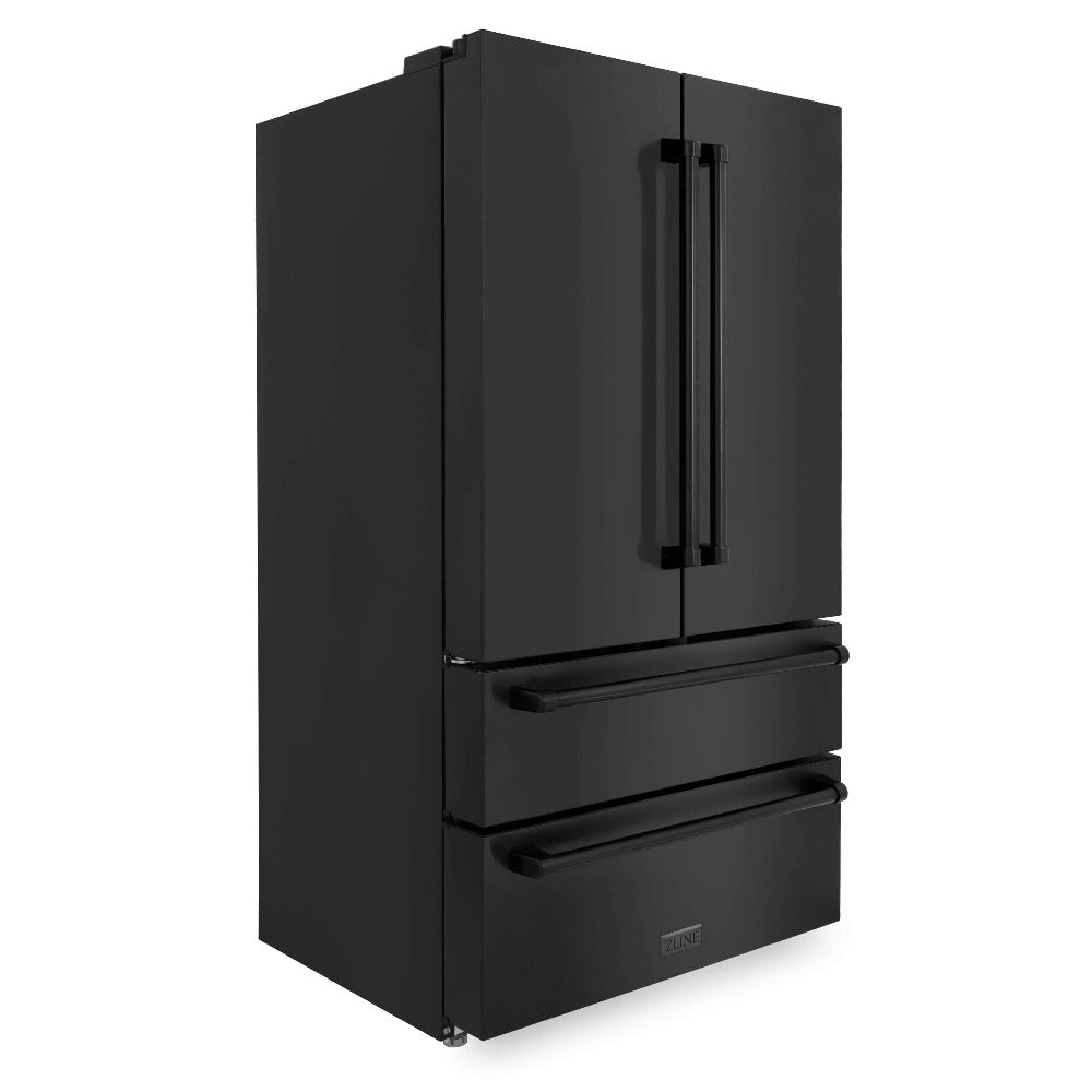 ZLINE 36 in. Freestanding French Door Refrigerator with Ice Maker in Black Stainless Steel (RFM-36-BS) far side, closed.