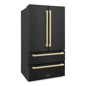 ZLINE Autograph Edition 36 in. 22.5 cu. ft. Counter-Depth French Door Refrigerator with Ice Maker in Fingerprint-Resistant Black Stainless Steel and Champagne Bronze Modern Handles (RFMZ-36-BS-FCB) side, closed.