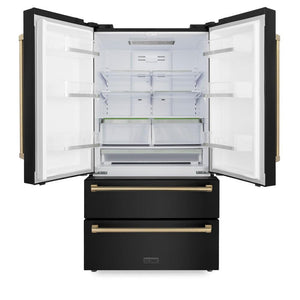 ZLINE Autograph Edition 36 in. 22.5 cu. ft. Counter-Depth French Door Refrigerator with Ice Maker in Fingerprint-Resistant Black Stainless Steel and Champagne Bronze Traditional Handles (RFMZ-36-BS-CB) front, open.