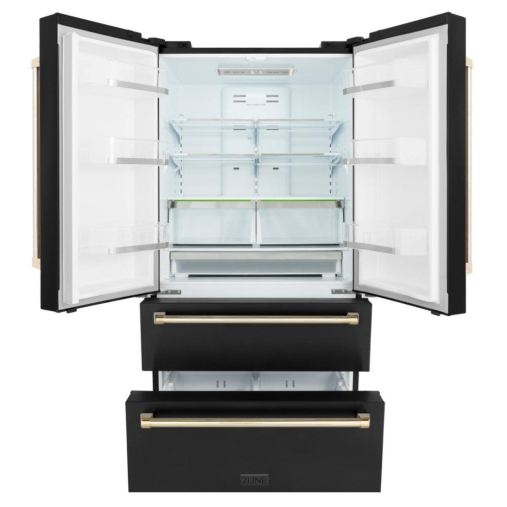 ZLINE Autograph Edition 36 in. 22.5 cu. ft Freestanding French Door Refrigerator with Ice Maker in Fingerprint Resistant Black Stainless Steel with Polished Gold Accents (RFMZ-36-BS-G) front, doors and bottom freezer drawers open.
