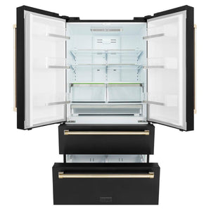 ZLINE Autograph Edition 36 in. 22.5 cu. ft. Counter-Depth French Door Refrigerator with Ice Maker in Fingerprint-Resistant Black Stainless Steel with Polished Gold Traditional Handles (RFMZ-36-BS-G) front, refrigeration compartment and bottom freezer drawers open.