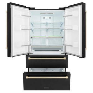 ZLINE Autograph Edition 36 in. 22.5 cu. ft Freestanding French Door Refrigerator with Ice Maker in Fingerprint Resistant Black Stainless Steel with Polished Gold Accents (RFMZ-36-BS-G) front, refrigeration compartment and bottom freezer drawers open.