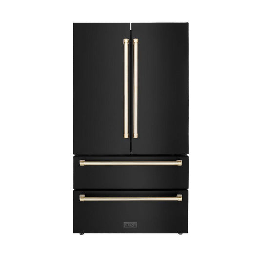 ZLINE Autograph Edition 36 in. 22.5 cu. ft. Counter-Depth French Door Refrigerator with Ice Maker in Fingerprint-Resistant Black Stainless Steel with Polished Gold Traditional Handles (RFMZ-36-BS-G) front, closed.