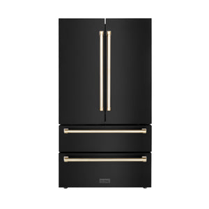 ZLINE Autograph Edition 36 in. 22.5 cu. ft Freestanding French Door Refrigerator with Ice Maker in Fingerprint Resistant Black Stainless Steel with Polished Gold Accents (RFMZ-36-BS-G) front.