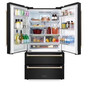 ZLINE Autograph Edition 36 in. 22.5 cu. ft Freestanding French Door Refrigerator with Ice Maker in Fingerprint Resistant Black Stainless Steel with Polished Gold Accents (RFMZ-36-BS-G) front, refrigeration compartment open with food inside.