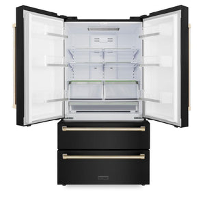 ZLINE Autograph Edition 36 in. 22.5 cu. ft. Counter-Depth French Door Refrigerator with Ice Maker in Fingerprint-Resistant Black Stainless Steel with Polished Gold Traditional Handles (RFMZ-36-BS-G) front, open.